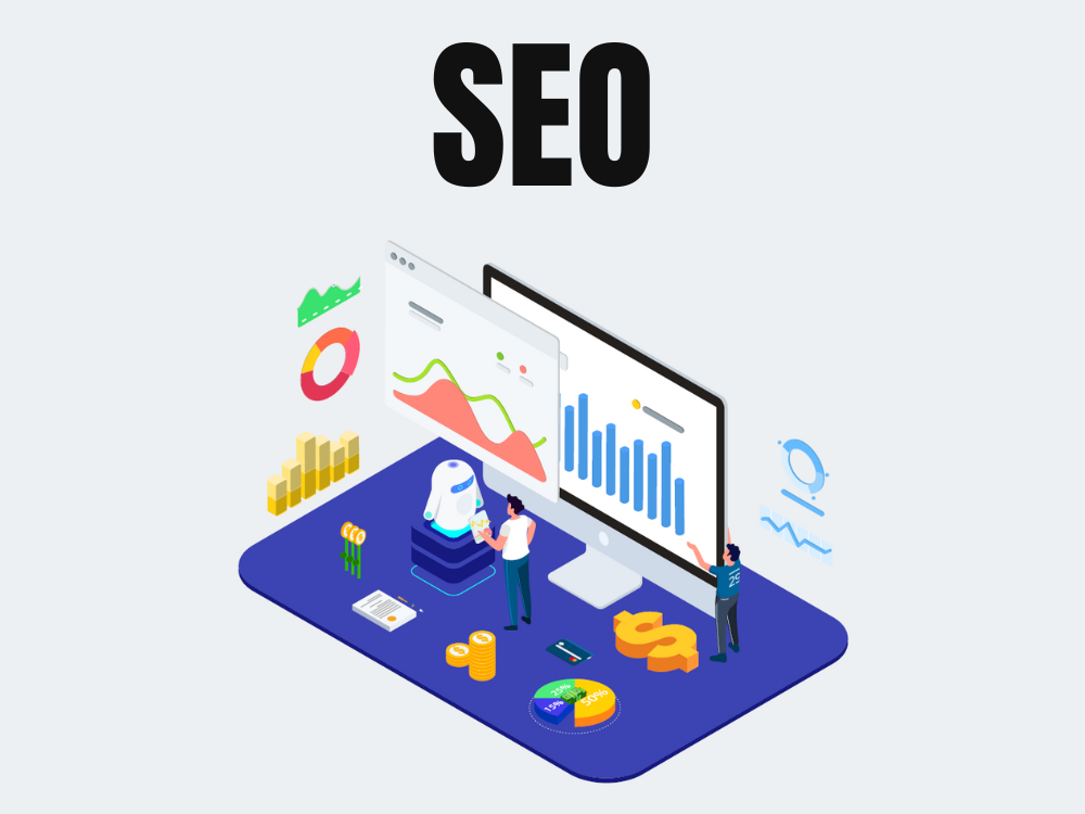 Illustration zu SEO-Optimierung mit Analyse-Diagrammen, Charts, Münzen und Menschen, die Daten auf einem Bildschirm auswerten – Wichtig für Webdesign & digitales Marketing