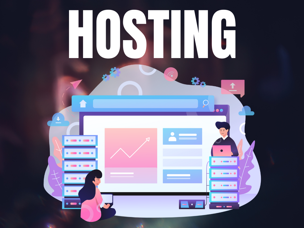 Illustration zu Hosting mit Analyse-Diagrammen, Charts und Menschen, die sich um das technische kümmern