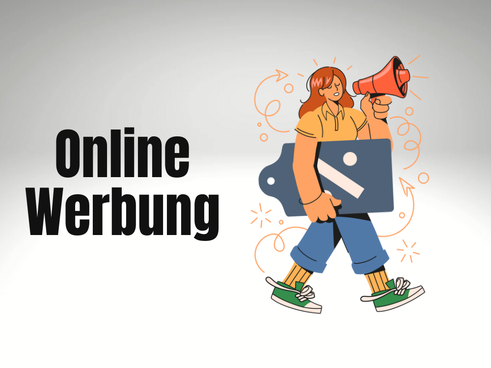 Illustration zu Online-Werbung mit einer Frau die ein Rabatt-Schild und ein Megafon in den Händen hält - digitales Marketing