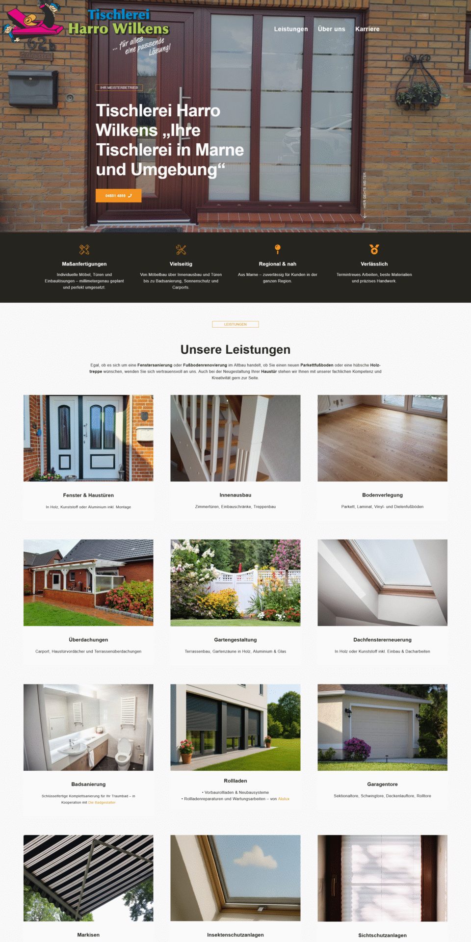 Website für Tischlerei Harro Wilkens aus Marne, umgesetzt von Nord Elevate