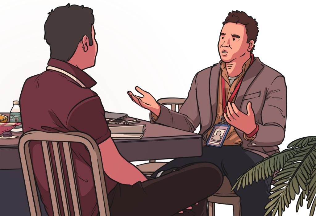 Illustration: Handwerksmeister im Bewerbungsgespräch, der feststellt, dass der Bewerber nicht passt