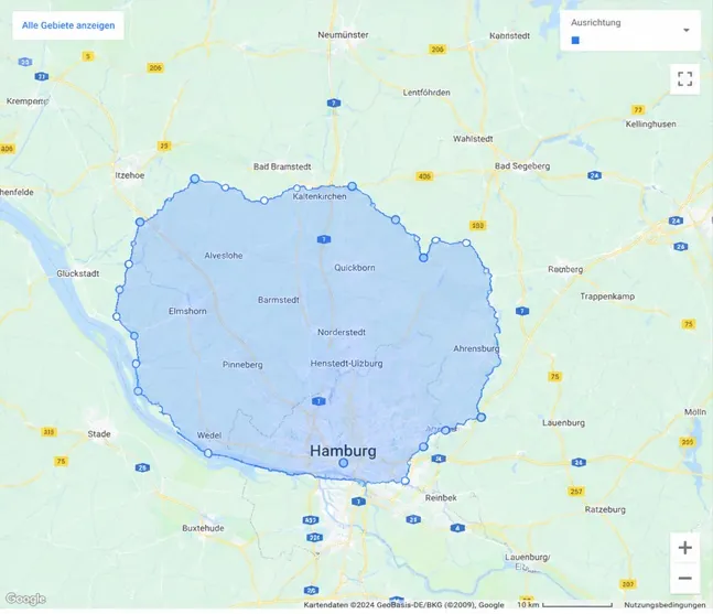 Standortausrichtung einer Google-Ads-Kampagne: markiertes Einzugsgebiet zwischen Itzehoe, Elmshorn und Hamburg
