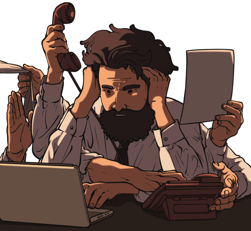 Illustration: Handwerksmeister unter Zeitdruck, der sich nicht um seine Website kümmern kann